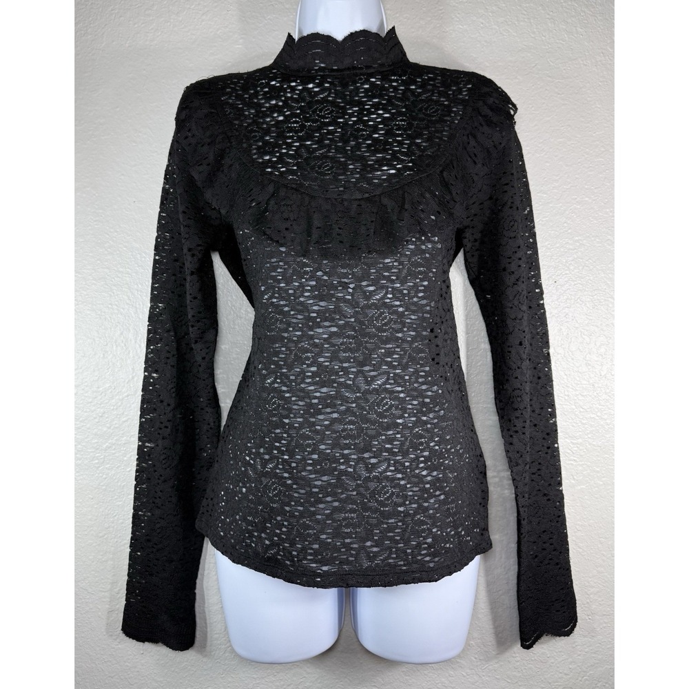 Women's Size Large Sheer Floral Lace Black Long Sleeve Shirt Ruffle Stretch